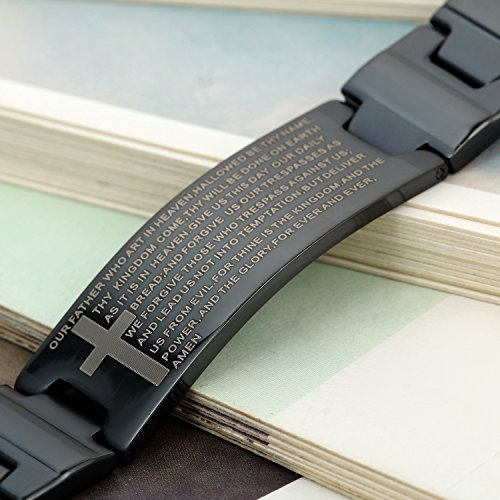 Flongo Men's Vintage Stainless Steel Black Cross English Bible Lords Prayer Link Wrist Bracelet For Men Christmas Gifts - color: black,8.5inches