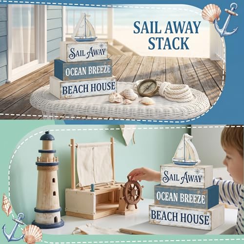 Britimes Tiered Tray Decor Set, 4 Pack, Wooden Table Sign, Nautical Ocean - style: Sailboat