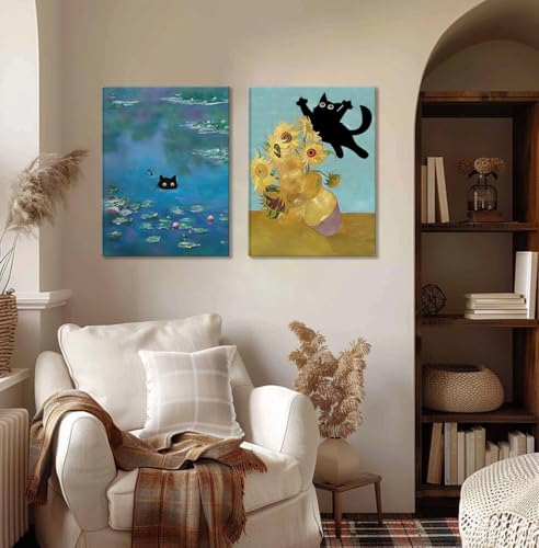 Funny Black Cat Wall Art Monet Cat in Water Lilies Canvas Wall Decor Van Gogh Starry Night Sunflower Aesthetic Pictures Paintings Prints for Bedroom Living Room Bathroom 16x24 in Framed - color: Cat canvas, size: 24L"x16W"