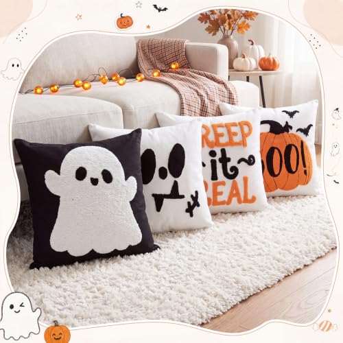 Mixweer 4 Pcs Halloween Pillow Covers Set, 18 x 18 Inch Embroidered Pumpkin Ghost Spooky Pillow Cases, Square Throw Cushion Cover, Fun Halloween Decor for Couch Sofa Bed Home - style: Halloween