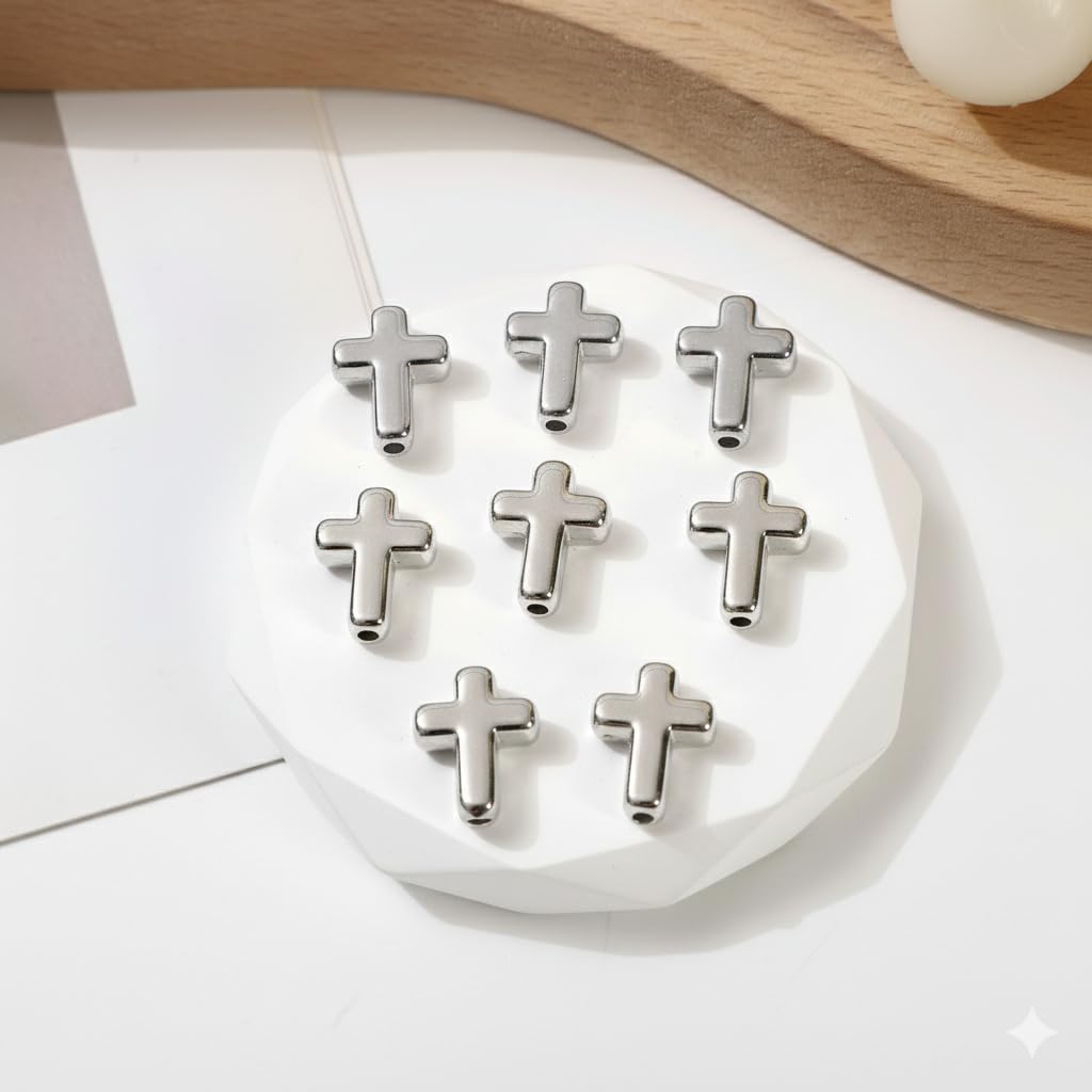 100pcs Silver Cross Beads for Bracelets, Cute Unique Acrylic Aesthetic Metal-Look Religious Spacer Beads, Bulk DIY Rosary Necklace Bracelet for Jewelry Crafts & Accessories 15mm - color: Silver