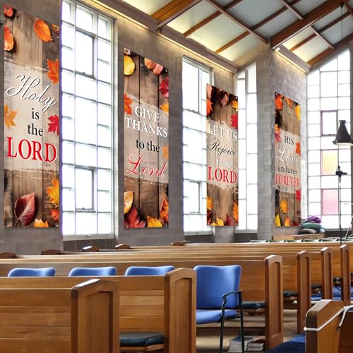4Pcs Church Banners for Sanctuary Wall Welcome Inspirational Religious Banners Hanging Backdrop Fall Wood Board Maple Leaves Church Scripture Bible Verses Banner for Thanksgiving Holiday School Decor - style: Gray Fall Wood