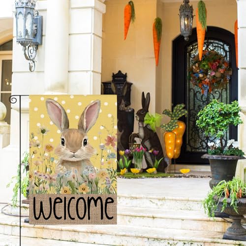 AVOIN colorlife Yellow Spring Easter Bunny Welcome Garden Flag 12x18 Inch - color: Yellow, size: Garden Size-12 x 18"