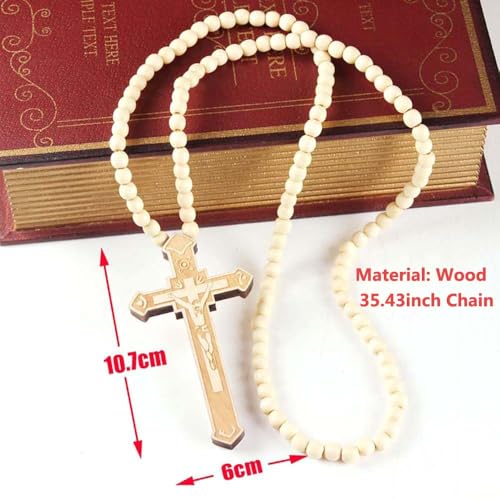 Wooden Cross Necklace For Men Beads Rosary Long Large Natural Wood Jesus Crucifix Cross Pendant Necklace 36inch Chain Religious Christian Prayer Faith Baptism Easter Handmade Jewelry - color: Khaki