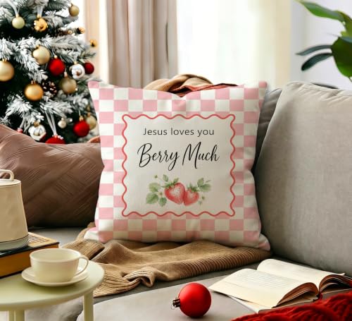 Pink Preppy Checkered Christian Strawberry Pillow Cover 18x18 Decor - color: Berry