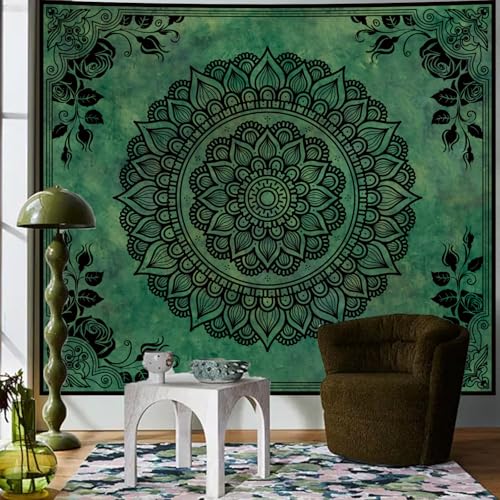 Green Boho Mandala Tapestry for Bedroom, Large Hippie Ceiling Wall Hanging - color: Green Tapestry, size: 90"L x 71"W