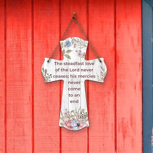 The steadfast love of the Lord never ceases; his mercies never come to an end Cross Hanging Sign | Rustic Twine | Inspiring Religious Bible Decor - color: The Steadfast Love of the Lord Never Ceases