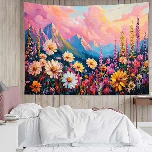 HVEST Pink Floral Mountain Tapestry Wall Hanging Pink Cloud and Flower Wall Art Tree Forest Nature Landscape Tapestry for Bedroom Living Room Dorm Wall Decor, 60W X 40H inches - color: Pink, size: 40"L x 60"W