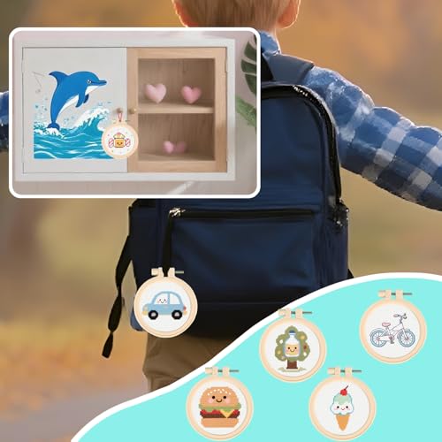 57lilina Easy Embroidery Kit for Kids Beginners, 6 Set Cute Stamped Pattern - color: Tree+Bicycle+Ice Cream+Burger+Car+Candy