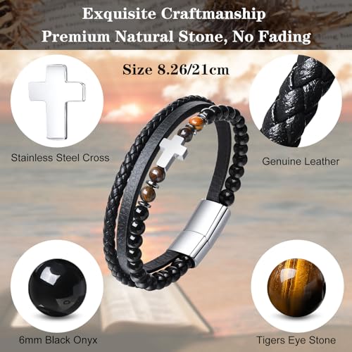 Mens Cross Bead Braided Genuine Leather Bracelet, Black Gemstone Agate Onyx Beaded Rosary Obsidian Bangle, Faith Religious Easter Catholic Christian Communion Baptism Christmas Jewelry Gift for Men - color: 02 Silver