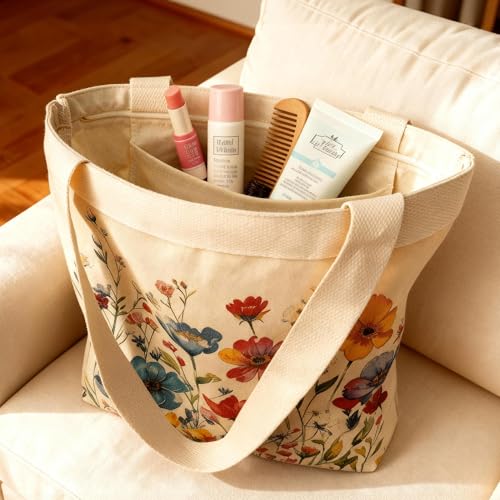 Large Tote Shopping Bag Cotton Canvas-Reusable grocery Bag with Zipper Aesthetic Reusable Shoulder Bag - style: Style-e