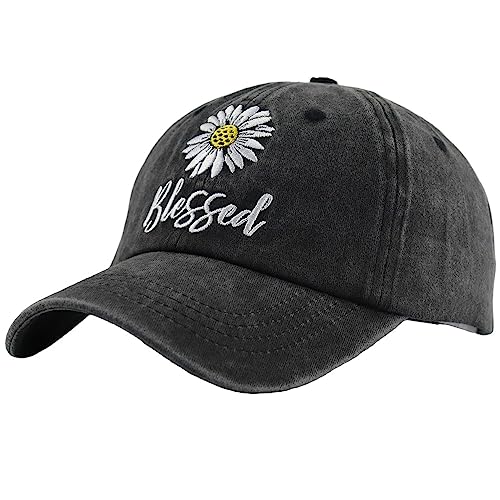 Embroidered Daisy Blessed Hat for Women Men, Adjustable Vintage Washed Cotton Christian Baseball Cap - color: Black