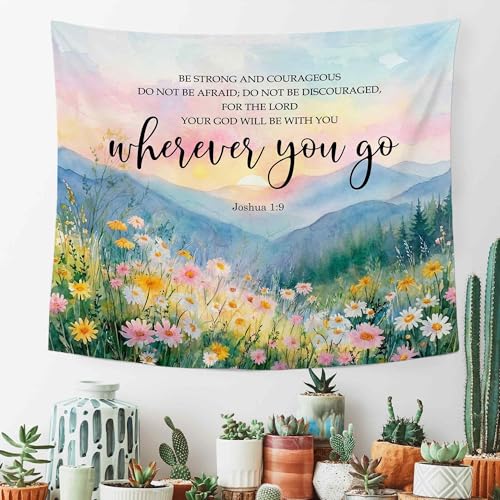 MNASAIOO Christian Wildflower Mountian Wall Tapestry Hanging for Bedroom, Bible Verse Scripture Joshua 1:9 Tapestries,Watercolor Spring Colorful Landscape Wall Decor for Living Prayer Room 50x60in - color: wherever flower