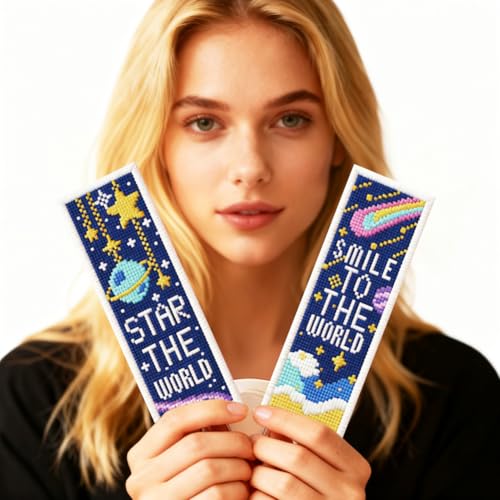 ORIGACH 6 Pcs Space Cross Stitch Bookmark Kit for Beginners - style: Cosmic Space & Inspirational Quotes