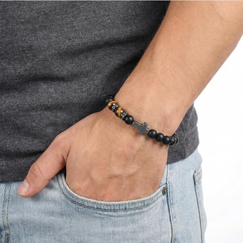 QWNHONEY Cross Bracelet for Men Son Brother Baptism Communion Birthday Anniversary Christmas Christian Black Tiger Eyes Bead - style: To boyfriend