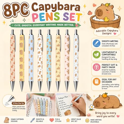 8PC Capybara Pens Cute Writing Pen Bulk Gift Set Party Favors Kawaii Stationery Animal Theme Desk Accessories Journal Planner Office School Supplies Appreciation Gifts for Women Students Adults - style: Capybara