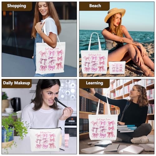 Christian Gifts for Women, Girls Preppy Bow Canvas Tote Bag Makeup Bag Set, Inspirational Bible Verse Religious Gifts Birthday Friendship Graduation Reusable Grocery Bags Travel Cosmetic Bags - color: Christianbow8