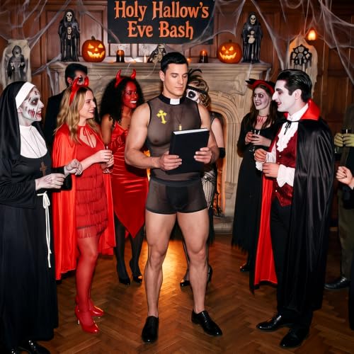 Jiuguva 5 Pcs Halloween Priest Costume for Men Adult Father Cross for Halloween Dress up Party - size: Medium, style: Sexy