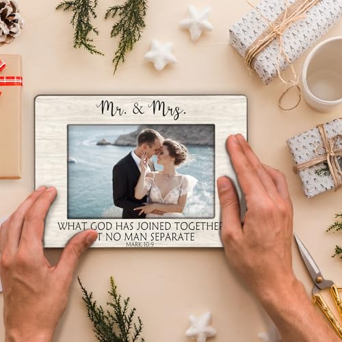 Christian Wedding Picture Frame 4x6, Mr and Mrs Mark 10:9 Bible Verse Photo Frame, Christian Wedding Gifts for the Couple, Just Married Gifts