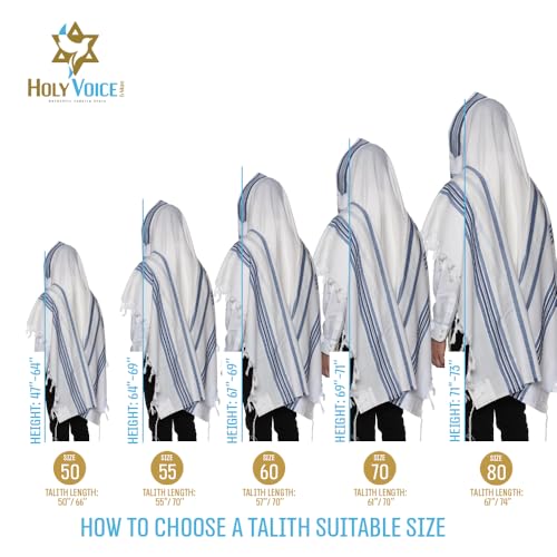 HOLY VOICE 100% Wool Tallit Prayer Shawl Kosher Certified White with Stripes for Men, Made in Israel w/ 100% Wool Tzitzit - color: Denim Stripes, size: 55"x73"