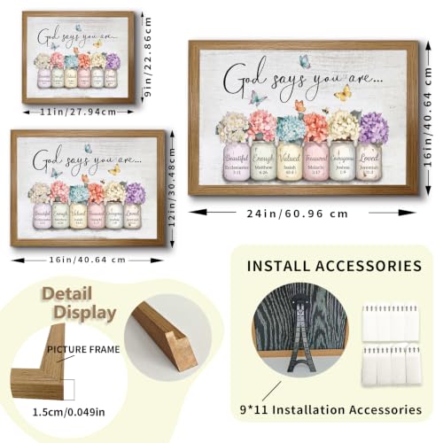 Christian Religious Wall Art, God Says You Are Beautiful Enough Valued, Colorful Hydrangeas in Mason Jars with Bible Verses, Inspirational Home Decor, Wood Grain Solid Pine Frame, No Drill Adhesive Strips Included - color: Faith Themed Hydrangea Wall Art,