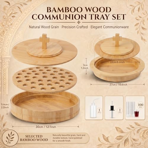 Zhehao 2 Pcs Wood Communion Set for Church, Holy Communion Serving Tray and Bread Plate with Lid Cup Filler and Disposable Cups Elegant Worship Supplies for Church Service (Bamboo Style) - style: Bamboo Style