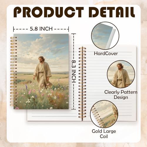 Christian Jesus Notebook Journal, Jesus Walking Wildflower Landscape Bible Prayer Spiral Hardcover Notebook Journal for Church Notes Study Office Work, 5.5x8.3 Inch - color: Christ in Flower Field