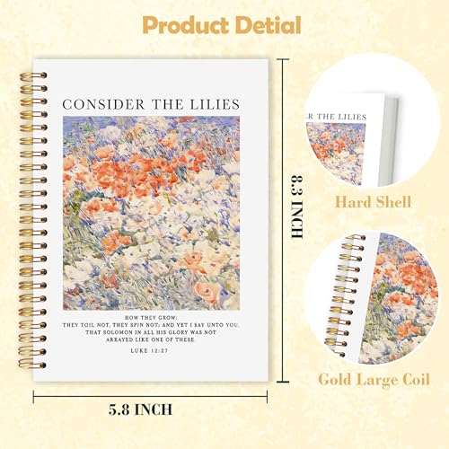 Christian Consider The Lilies Vintage Floral Spiral Notebook 5.5x8.3 in, Christian Gifts for Woman, Luke 12:27 Bible Verse Scripture Hardcover Notebook Journal - color: Christian Consider The Lilies Vintage Floral