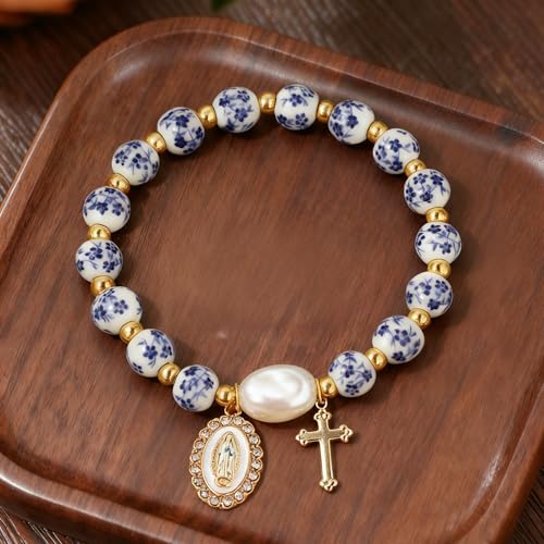 Stretchy Virgin Mary Bracelet with Cross Charm - Multi-Color Pearl Crystal Beaded Catholic Religious Jewelry for Women, Christian Gift for Baptism Confirmation First Communion - color: Blue A