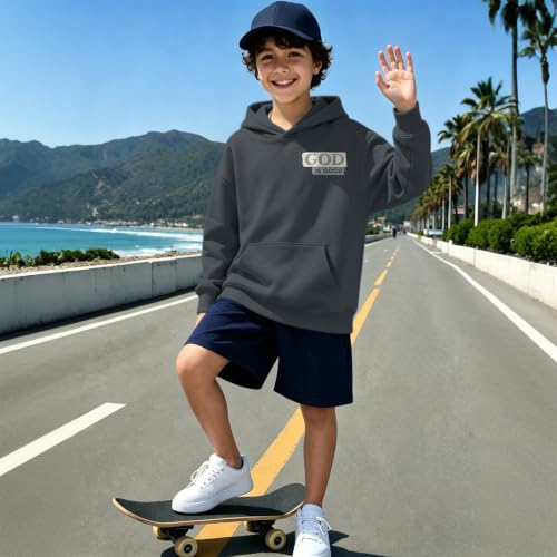 Fkatuzi Christian Graphic Hoodies For Boys Jesus God Is Good Hoodie Kids Faith Verse Bible God Religious Beach Pullover Tops - color: Deep Gray, size: 11-12 Years