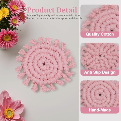 Cotton Car Coasters for Cup Holders, 2 Pack Car Cup Coasters Drink Holder Cute Macrame Boho Cup Holders Car Interior Accessories for Women, Girl-Pink - color: Pink