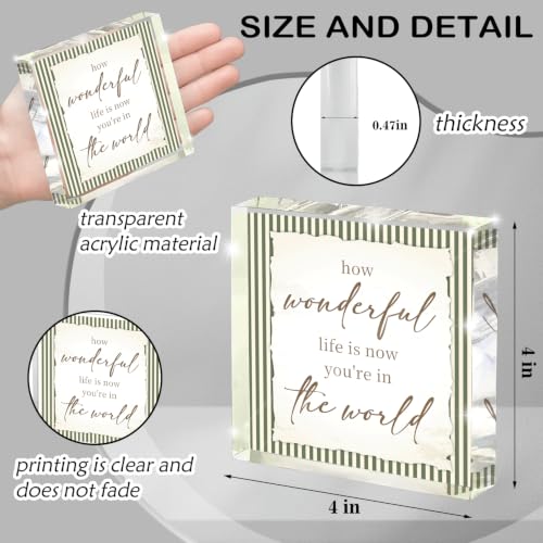 Green Nursery Room Decor, Playroom Sign for Boy Girl Classroom Bedroom Home Desk Shelf Tabletop, How Wonderful Life Is Now You're In The World Decor, 4x4 Inch - color: wonderful