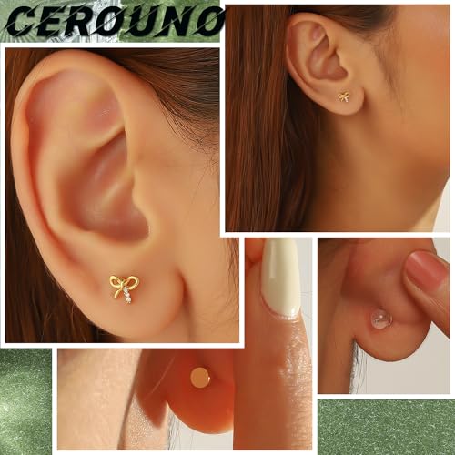 CEROUNO Flat Back Stud Earrings - 925 Sterling Silver Post Flatback Earrings Gold Silver Cubic Zirconia Earrings Studs for Women - color: Gold Bow
