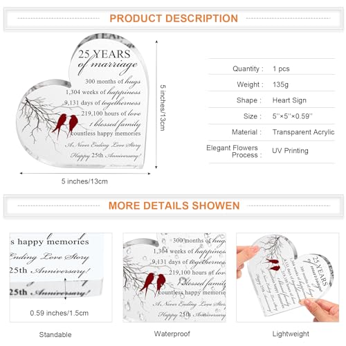 Qunclay 25th Years of Marriage Gift Wedding Anniversary Souvenir Heart Marriage Keepsake Decoration Present for Couple Parent Women Mom Husband Wife He She Friend Grandparents - style: 25th
