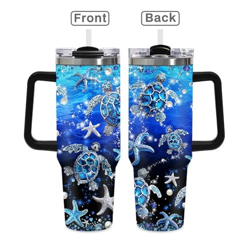 Jekeno 40oz Jewel Sea Turtle Tumbler with Straw, Ocean Turtle Gifts for Women Girls, Blue Diamond Stainless Steel Insulated Travel Coffee Mug with Handle for Moms Sister Bestie Birthday Anniversary - color: Sea Turtle-D-178