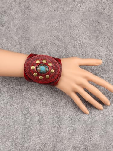 GelConnie Punk Leather Cuff Bracelet Adjustable Straps Wrap Bracelets Arm Armor Cuff Gothic Leather Wristbands for Men, Women - color: MLPB106-Red