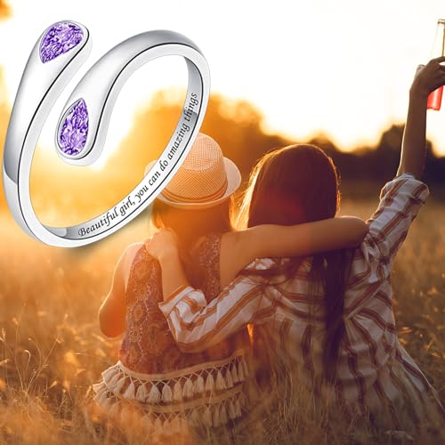 Jinlou Thumb Rings for Women - 925 Sterling Silver Birthstone Open Teardrop Encouragement Adjustable Ring Women Gifts for Teens Mom Birthday Mother's Day St Patricks Day - color: February, style: Beautiful you can do amazing things