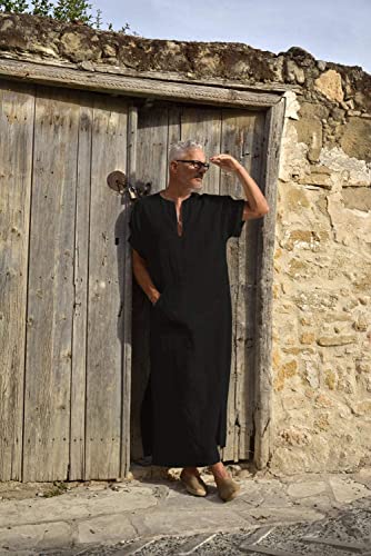 COOFANDY Men's V-Neck Linen Robe Short Sleeve Kaftan Thobe Long Gown Casual Shirt for Beach, Summer - color: Black, size: Large