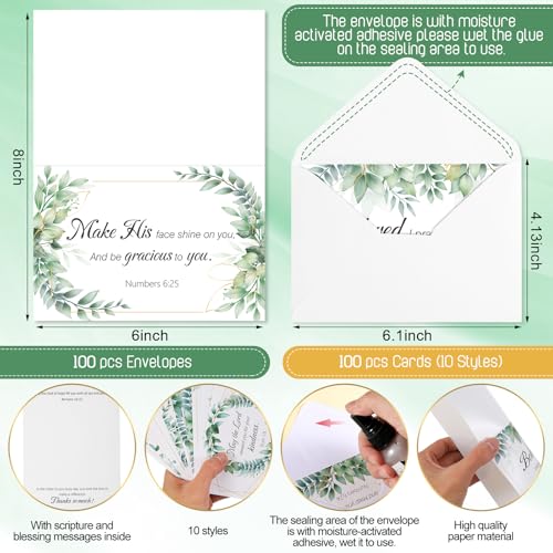 Motiskyy 100 Pack Religious Thank You Cards Bulk 4x6 Inch Christian Appreciation Card with Envelopes Stickers 10 Design Assortment with Scripture Blessings Inspirational Bible Verse(Leaf)
