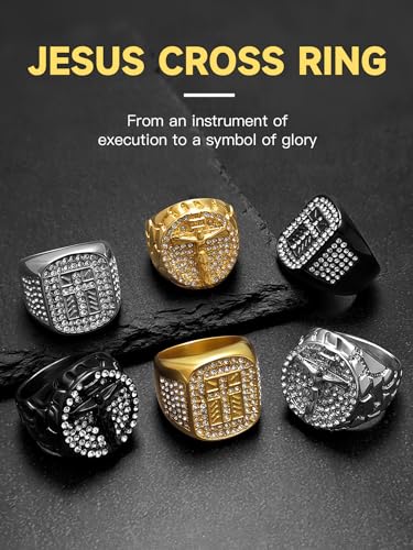 Men's Cross Ring Stainless Steel Cubic Zirconia Crucifix for Men, 18K Gold Plated, Black, Silver Religious Christian Jesus Ring, Size 7-14 - color: 03. Black-Jesus Crucifix