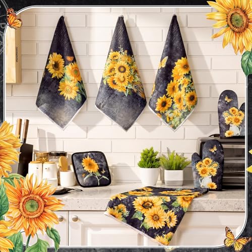 Leinuosen 8 Pcs Black Sunflower Kitchen Towels Dishcloths Accessories Set - color: Black, style: Sunflower