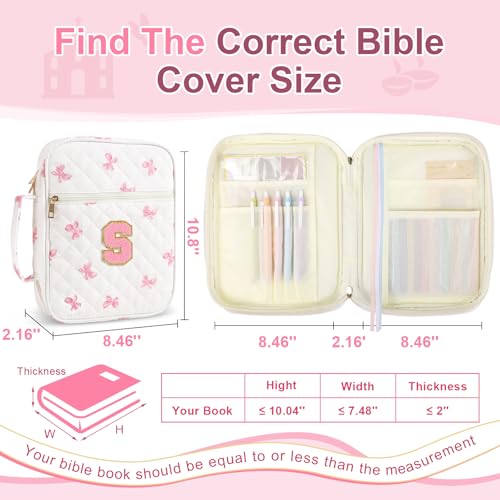 Personalized Initial Bible Cover Case for Women Girls Kid - Large Quilted Bible Case with Handle,Chenille Letter Bag Study Supplies,Christmas Gifts for Christians Birthday Graduation(Pink Bow-S) - color: Pink Bow, size: letter-S