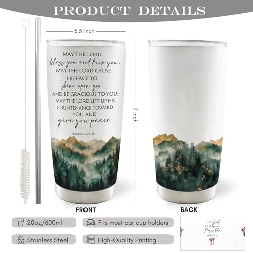 Christian Mountain 20oz Travel Coffee Mug Tumbler, Christian Religious Gifts for Women Men, May the Lord Bless You and Keep You Bible Verse Stainless Steel Tumbler with Lid and Straw - color: Peace