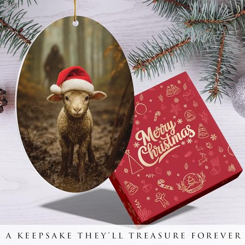 Jesus and The Lost Lamb Ornament, Christian Christmas Ornament with Santa Hat Lamb, Religious Gifts for Women, Lamb of God Ornament for Christmas Tree, Faith-Based Holiday Decoration - color: Kat- Lamb Santa Hat