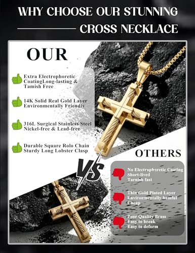 sailimue Cross Necklace for Men 316L Stainless Steel Cross Pendant Necklace - color: 14K Real Gold Plated, size: 22 in = 56 cm