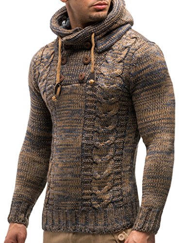 Leif Nelson Men's Knitted Sweater - Slim Pullover Sweaters for Men with Hoodie - color: Brown, size: Medium
