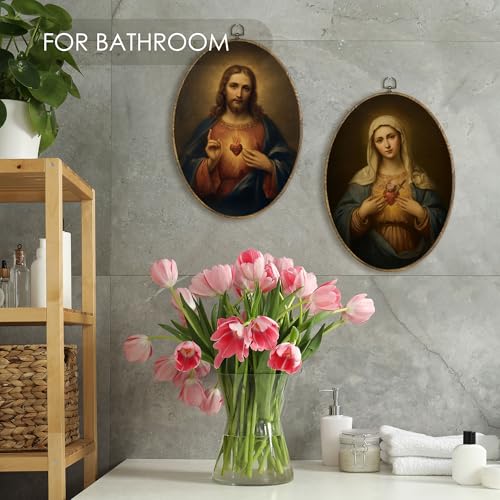 Fewgb Catholic Sacred Heart of Jesus Immaculate Heart of Mary Oval Wall Art Decor Framed Set of 2, Vintage Christian Canvas Wall Art Prints Picture, Religious Decor Artwork for Gallery Bedroom 9x12 - color: jesus & mary-set