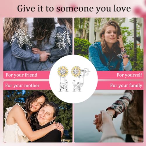LAZA 925 Sterling Silver Stud Earrings for Women Cat and Sunflower Earrings - color: Yellow Sunflower Cat