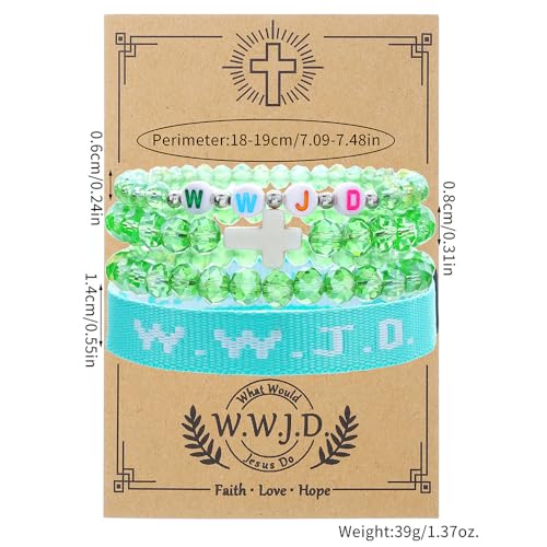 WWJD What Would Jesus Do Christian Stackable Bracelet Set for Women Men, Inspirational Faith Cross Beaded Elastic Wristbands, Religious Bible Verse Jewelry Gift for Church - color: Pink 4pcs