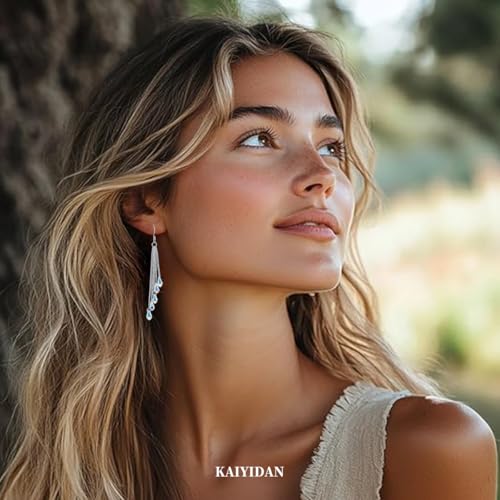 Silver Dangle Earrings For Women Trendy,Boho Cute Drop Western Earings,Vintage Gothic Ethnic Statement Beach Vacation Long Earrings with Leaf Teardrop Turquoise Crystal Tassels,Fashion Jewelry Birthday Gift. - color: A11) Crystal Chain Tassels